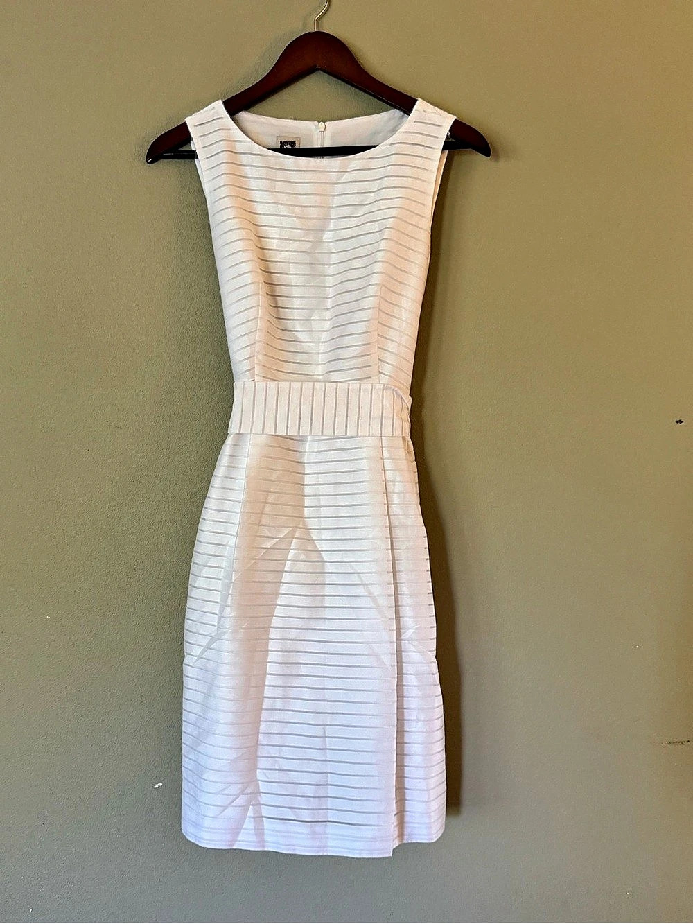 Anne Klein White Sheer Stripe Tie Waist Sheath Dress, White, Size 6